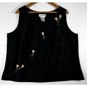 Rena Rowan Silk Blouse Womens 16W Black Pink Floral Embroidered Sleeveless
